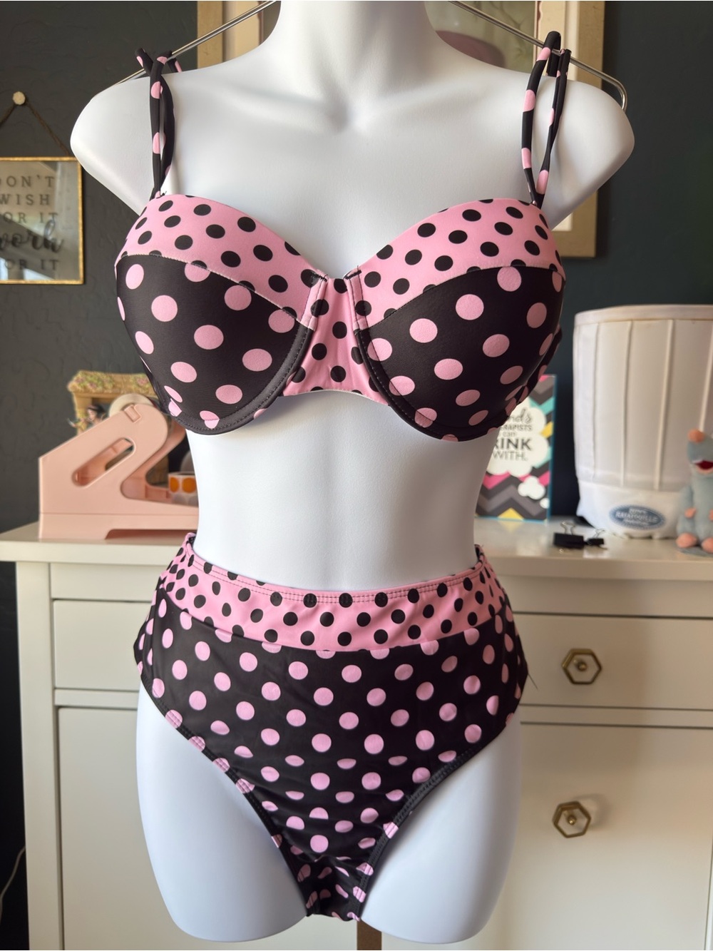 Cupshe Pink and Black Polka Dot High-Waist Bikini